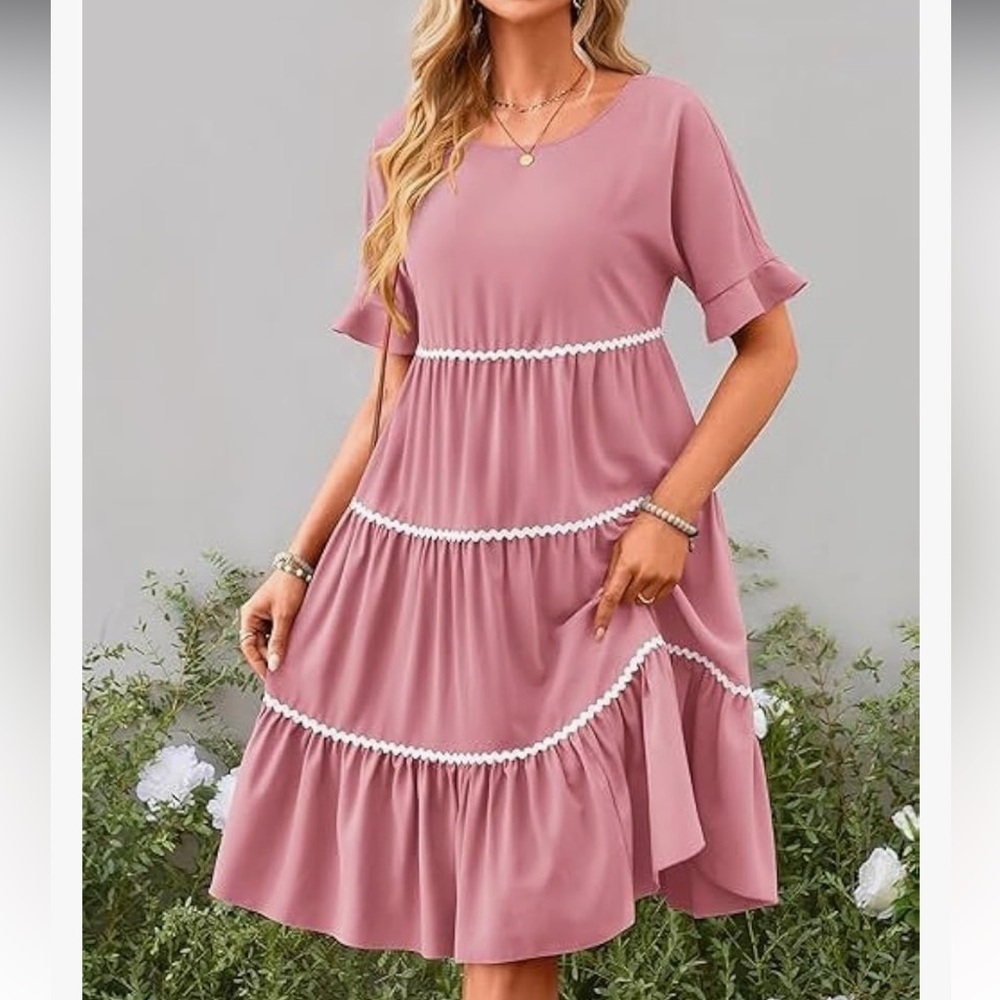🆕 Women's Short Sleeve Ruffle Tiered Swing Dress XXL